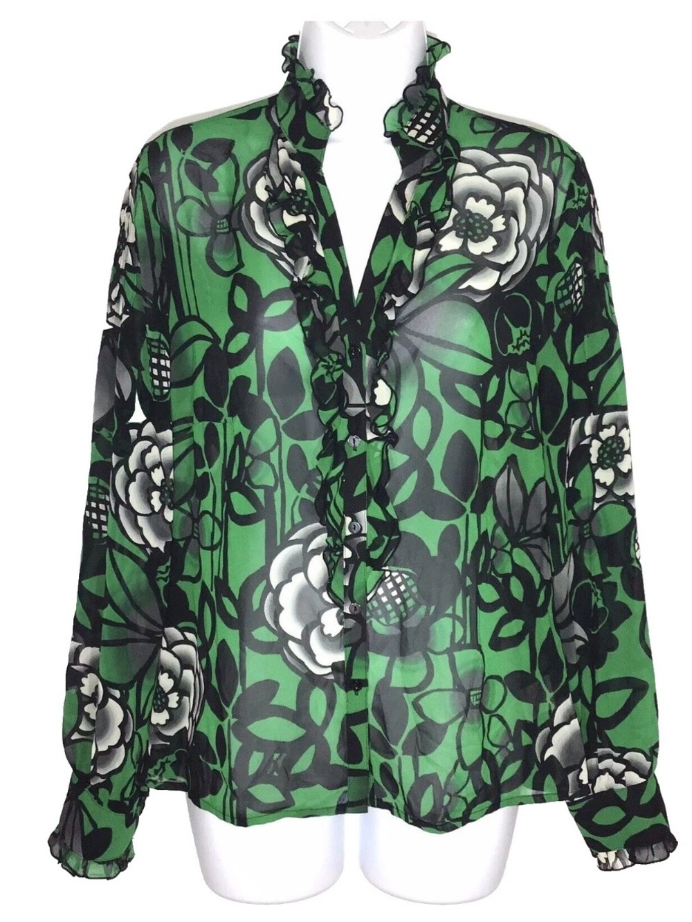 Worthington Green Black & White Floral Ruffled Blouse